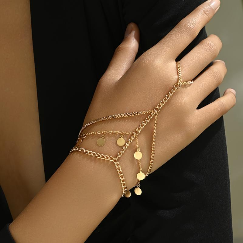 Simple Multi-Layer Alloy Finger Chain Pendant Round Disc Linked Hand Jewelry Fashionable Cross-Border Minimalist Design