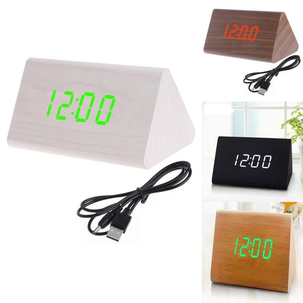 Elegant Imitation Wood Led Display Alarm Digital Triangular Desk Clock With Thermometer