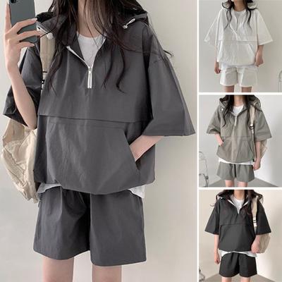 2 Pcs/Set Women Hoodie Shorts Set Half Zipper Hooded Three-quarter Sleeve Loose Big Pocket Top
