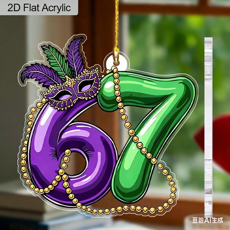 2D Flat Number 67 Shaped Mardi Gras Acrylic Sign, Drops, Suitable for wall decoration, porch, room, villa, accents Home, Hallway, or Workplace - Rusti