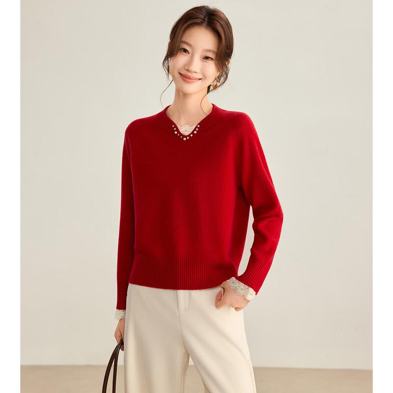 Shexi 100% Wool Knit Sweater with Lace Trim