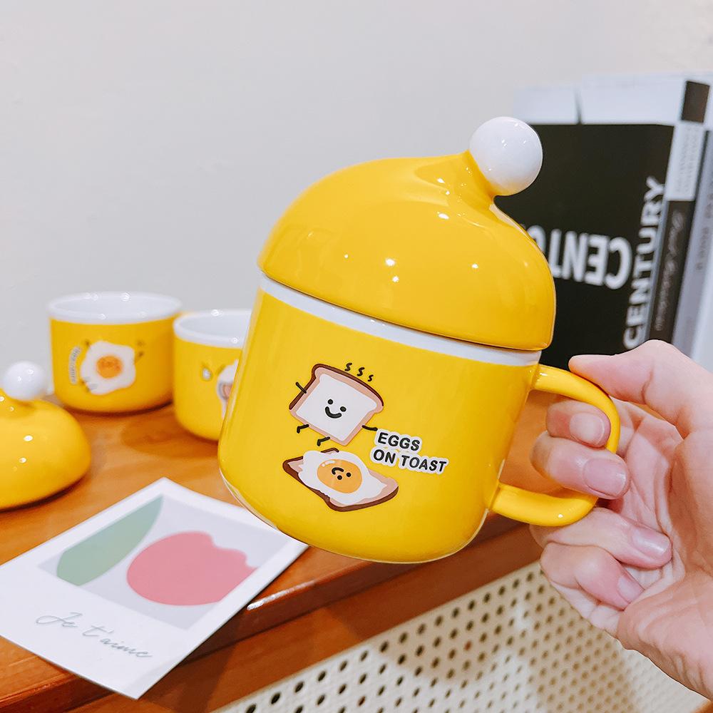 Mug Breakfast Cute Creative Hamburger Ceramic Cup with Lid Toast Fried Egg Cartoon High Value Gift