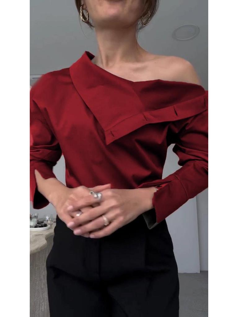 2025 Europeisk & Amerikansk Mode Off-Shoulder Hög Hals Enfärgad Dam Skjorta