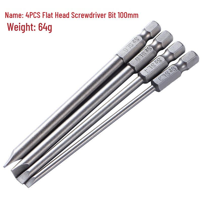 4-Piece 100mm S2 Steel Straight Screwdriver Bits: SL3, SL4, SL5, SL6