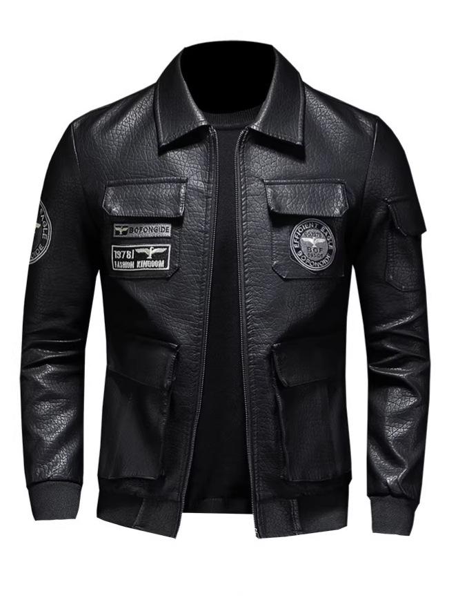 Korean Style Men's Embroidered PU Leather Motorcycle Jacket with Velvet Lining