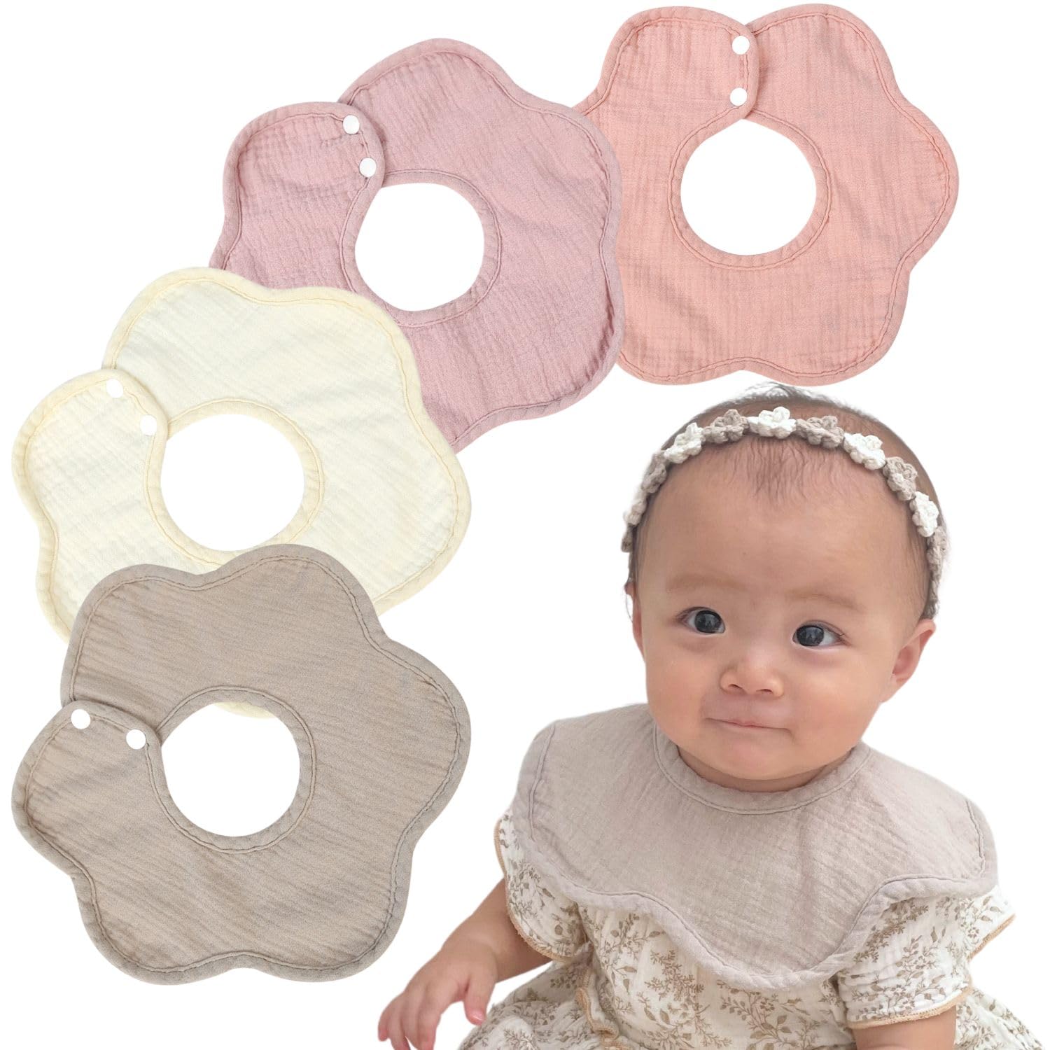 

Waterproof Simple and Set of Baby Flower Snap Button for Boys and Set [Ella.] 360° Bibs, Stylish, 4, Bibs, 100% Cotton, Waterproof, Shape, Roll-Up,