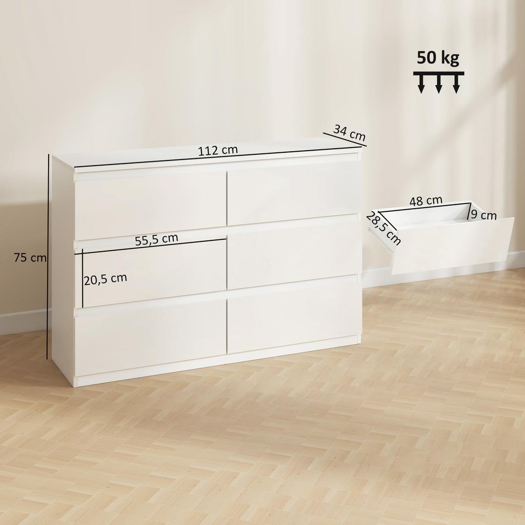 Chest of Drawers with 6 Drawers, Modern Storage Furniture for the Bedroom, White