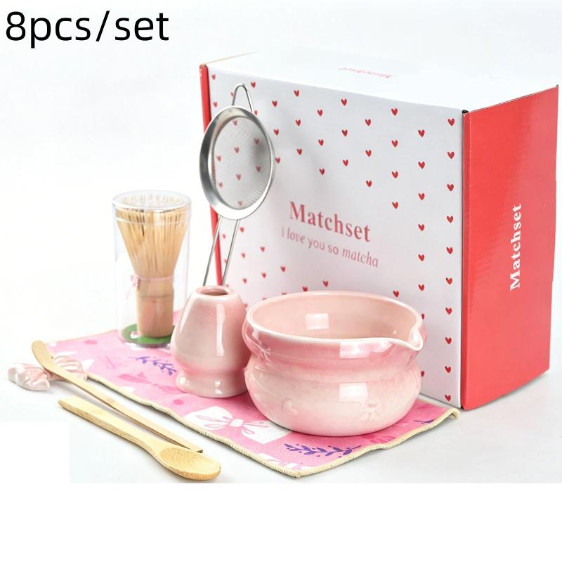 8PCS Matcha Tea Set Pink Gradient Japanese Style Complete Matcha Bowl Kit Perfect Gift for Wedding Housewarming