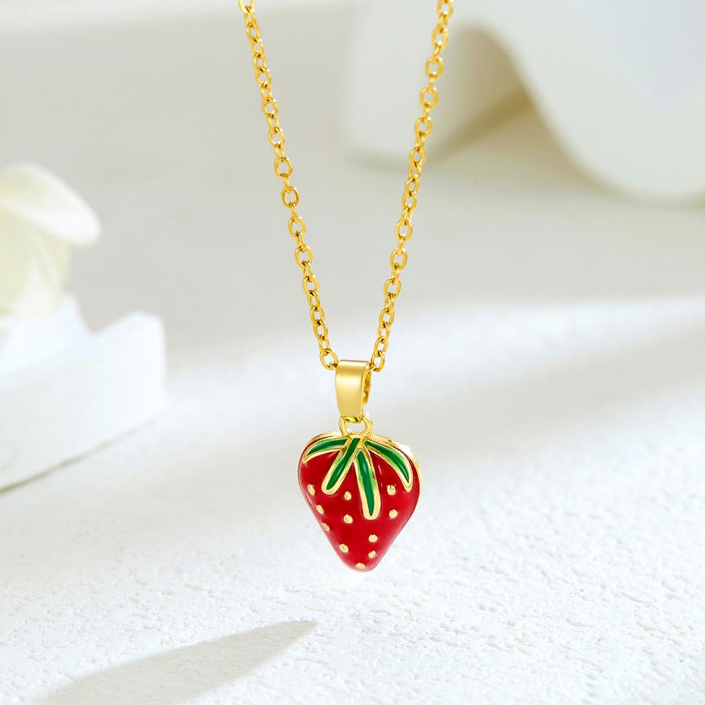 New Sweet and Cute Dripping Oil Strawberry Cherry Titanium Steel Necklace Female Simple Versatile Fruit Series Collarbone Chain