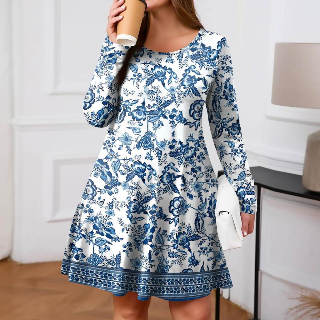 Plus Size Dame Gradienttrykk Casual Vår/Høst Lomme Rund Hals Langermet Kjole