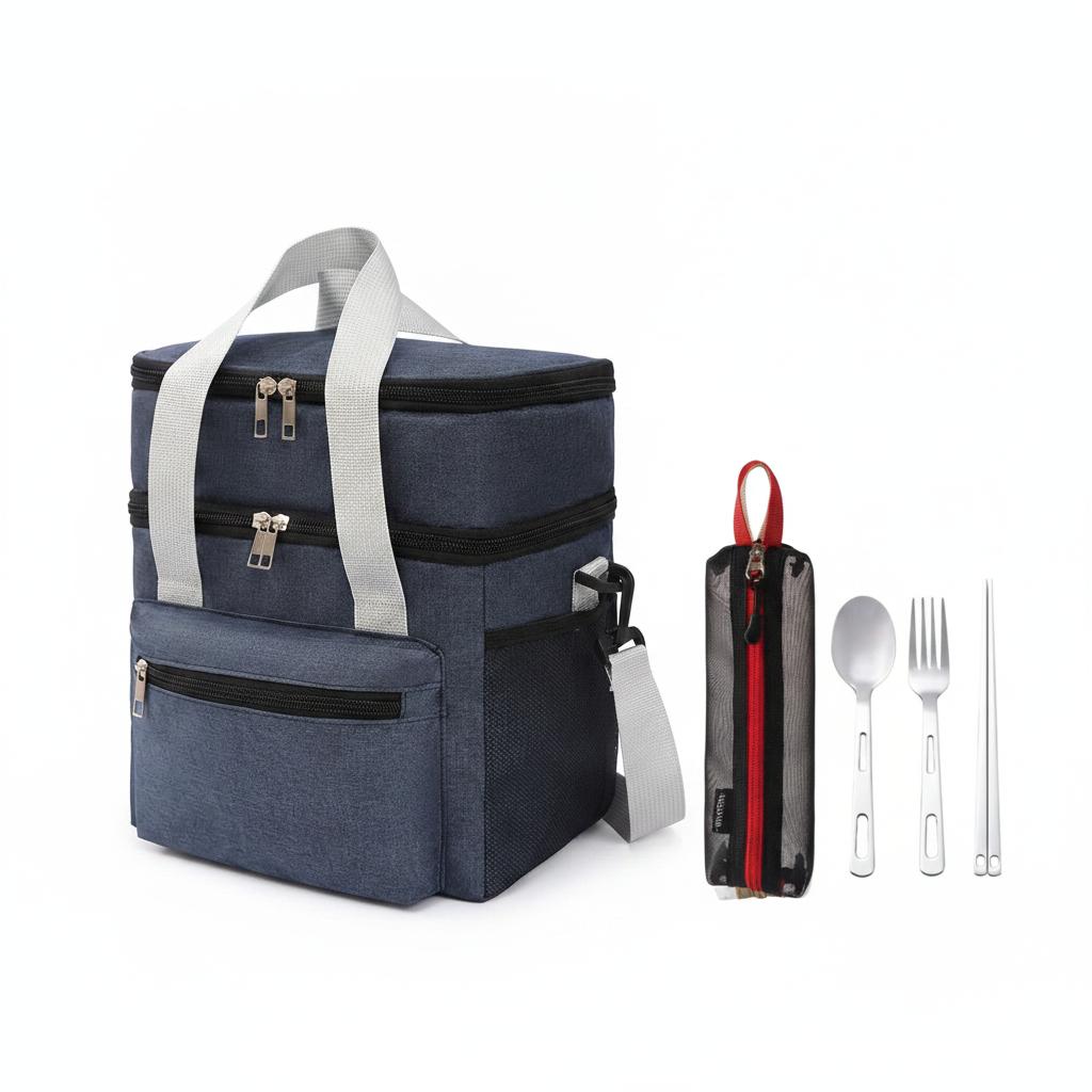 Waterproof Lunch Box Tote Double Layer Cool Bag Shoulder Strap Insulated Women Pack Stainless Steel