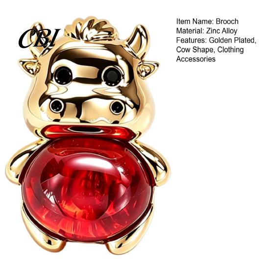 Decorative Coat Pin Golden Plated Alloy Cow Brooch, Red Faux Crystal Belly Cattle Lapel for Anti-oxidation Brooch Men Women, Animal Clothes