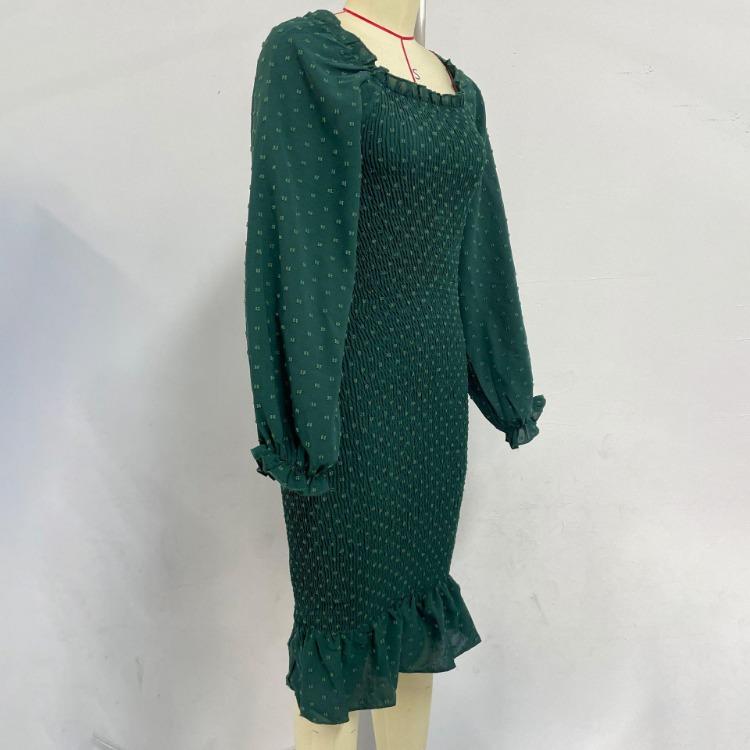 Women Slim Fit Square Neck Long Sleeve Fishtail Dress High Waist Mid Length Spring Summer Fungus Edge Dresses Sizes S-XL