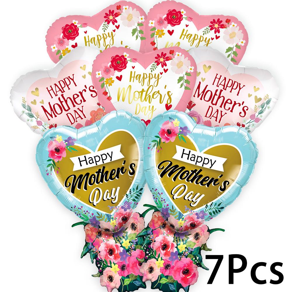 7Pcs Mother's Day Foil Balloon Set, Large Floral Heart Mylar Balloons, "Happy Mother's Day" Bouquet Decorations for Mom's Birthday