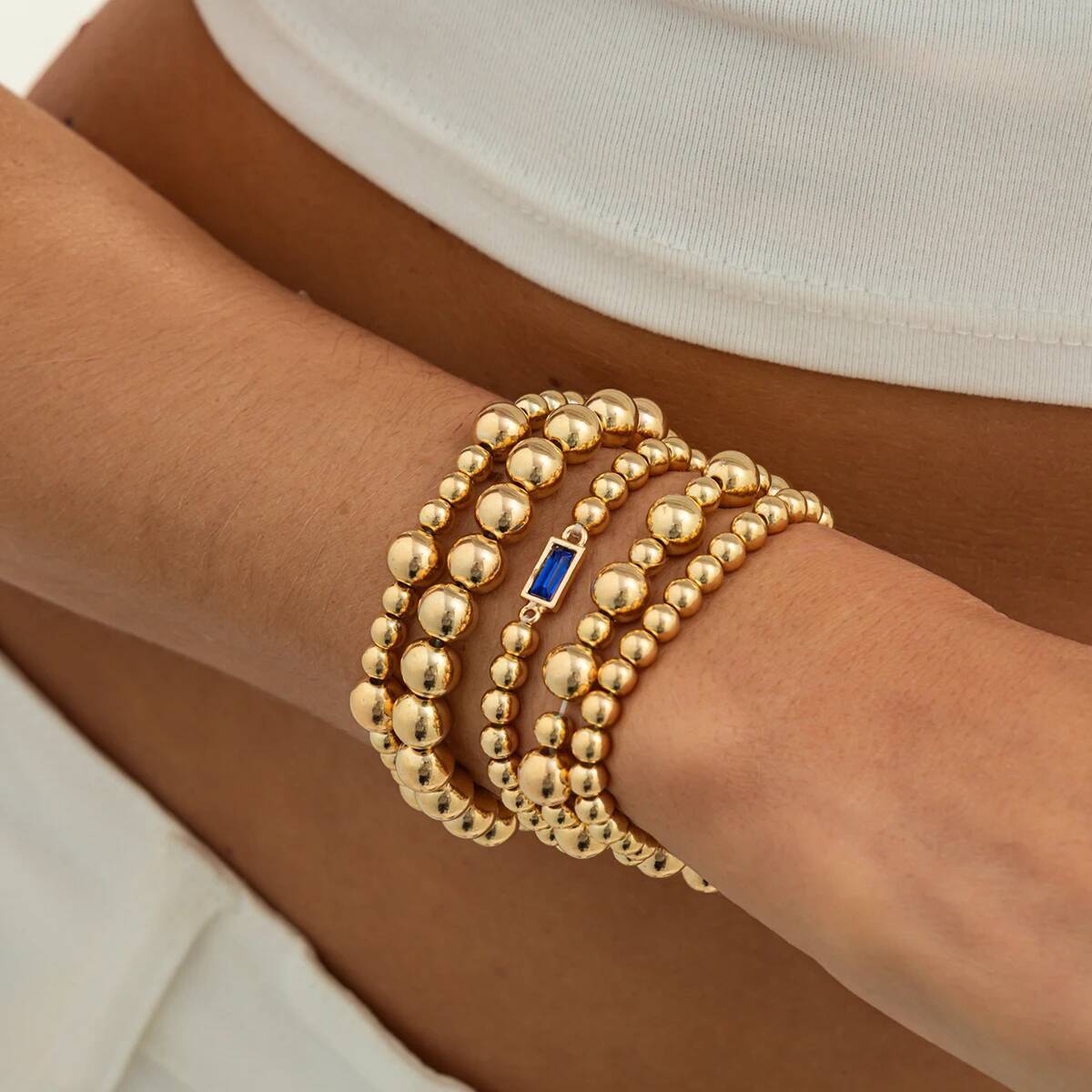 

SHIXIN 5Pcs/Set Fashion Simple Bead CCB Bracelets Set Women Vintage Minimalist Elegant Exquisite Round Bangle Vacation Jewelry
