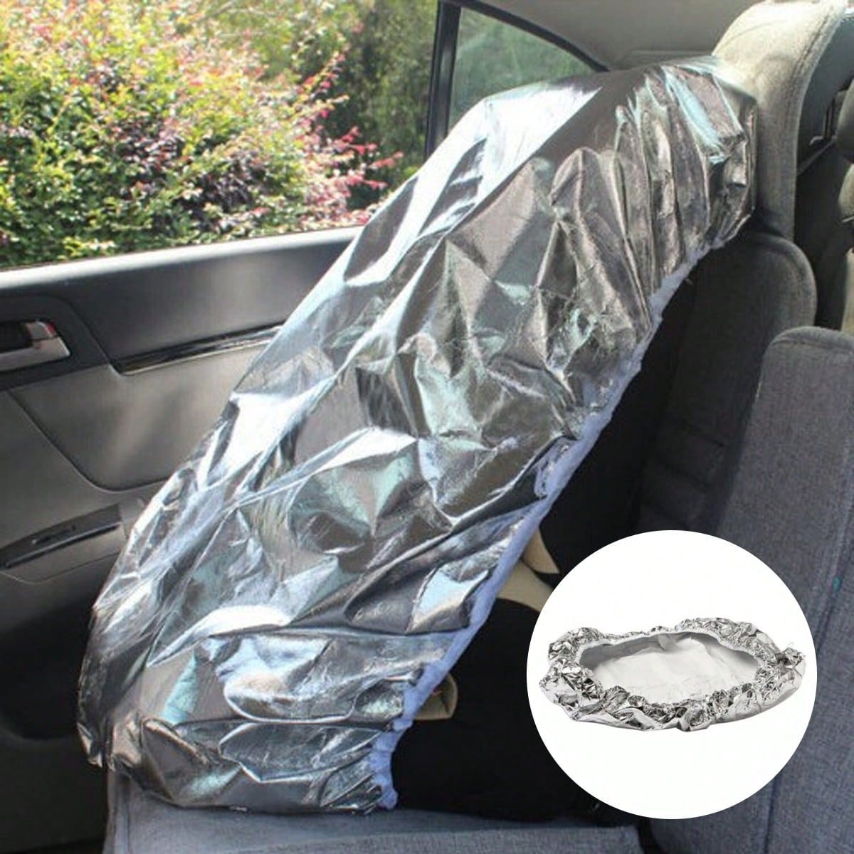 

Car Seat Sunshade:PET Aluminized Film Heat/UV Protection Dust/Water Resistant Washable Elastic Edges Fits Seats&Steering Wheels