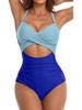 European American Color Block Spliced Cutout One-Piece Swimsuit with Adjustable Cross Tie-Up.