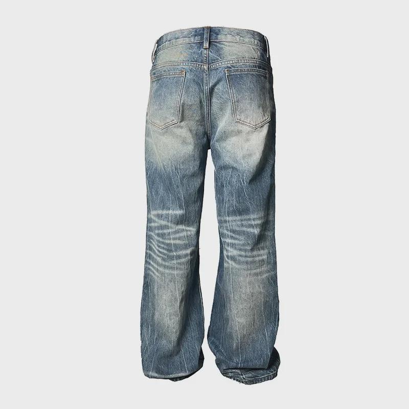 Unisex Koyu Mavi Şimşek Patlaması Retro Bol Paça Kot