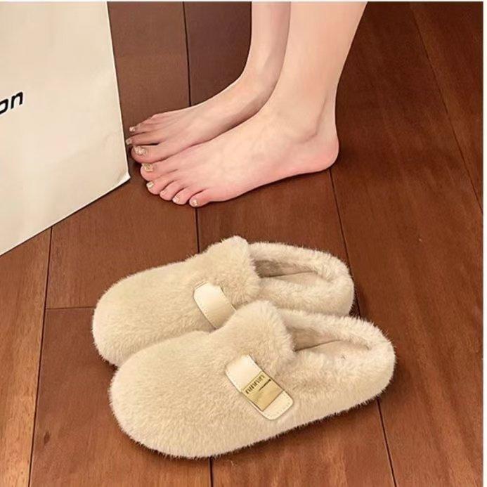 

Флисовые тапочки-мешки женские, которые носят осенью и зимой 2024 года, новые туфли Mao Mao Doudou с плоской подошвой, одна педаль, швабра Muller из хлопка 40