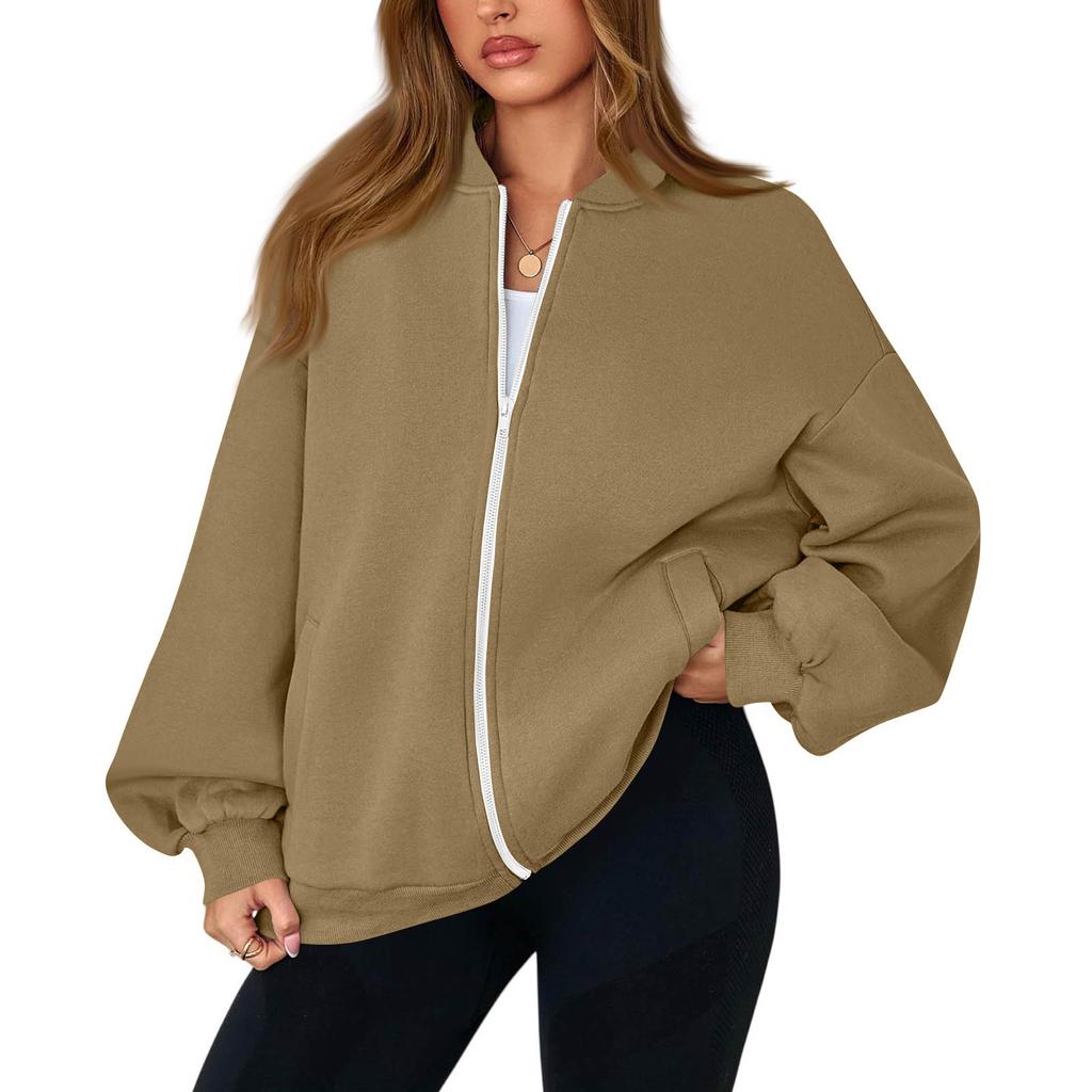 Women's Fashion Long Sleeve Color V-Neck Loose Oversize Zipper Jacket
