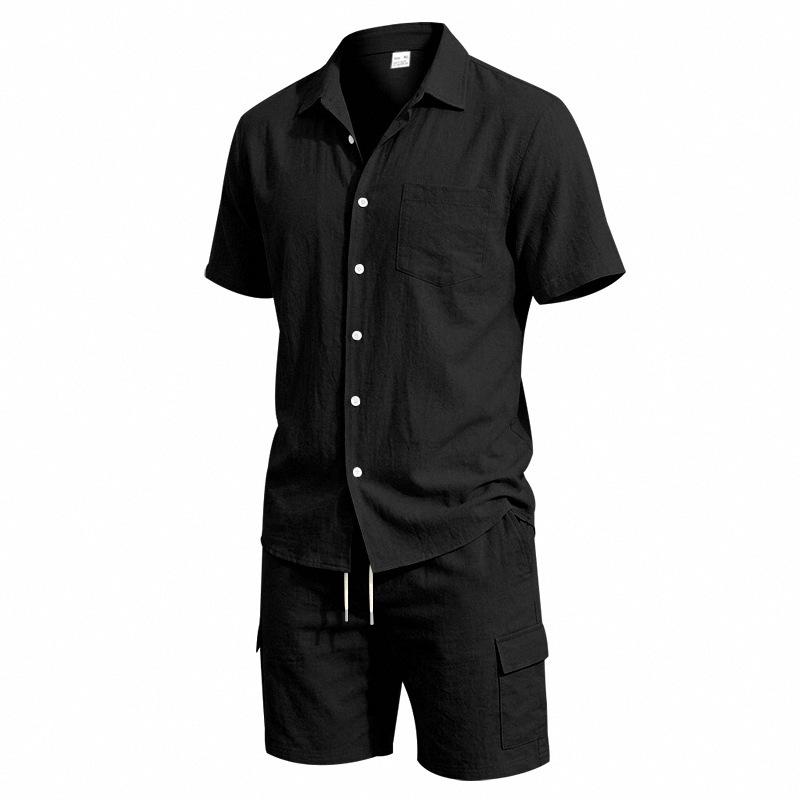 Men's Summer Linen Lapel Casual Shirt & Shorts Set: Breathable Cotton Two-Piece Workwear