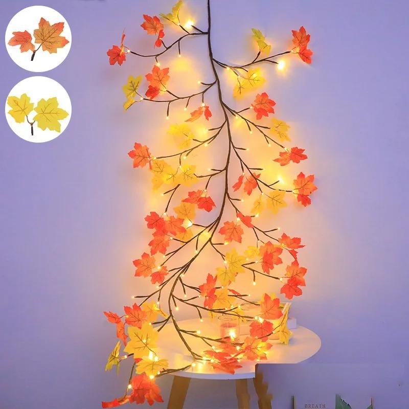 Fall Maple Leaf Vine Lights 48 Warm White USB Bendable Artificial Autumn Garland For Wall Bedroom Thanksgiving Home Decor