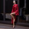 European Beautiful Women Spring New Slant Shoulder Long Sleeve Dress Hip Temperament Split Fork Dress