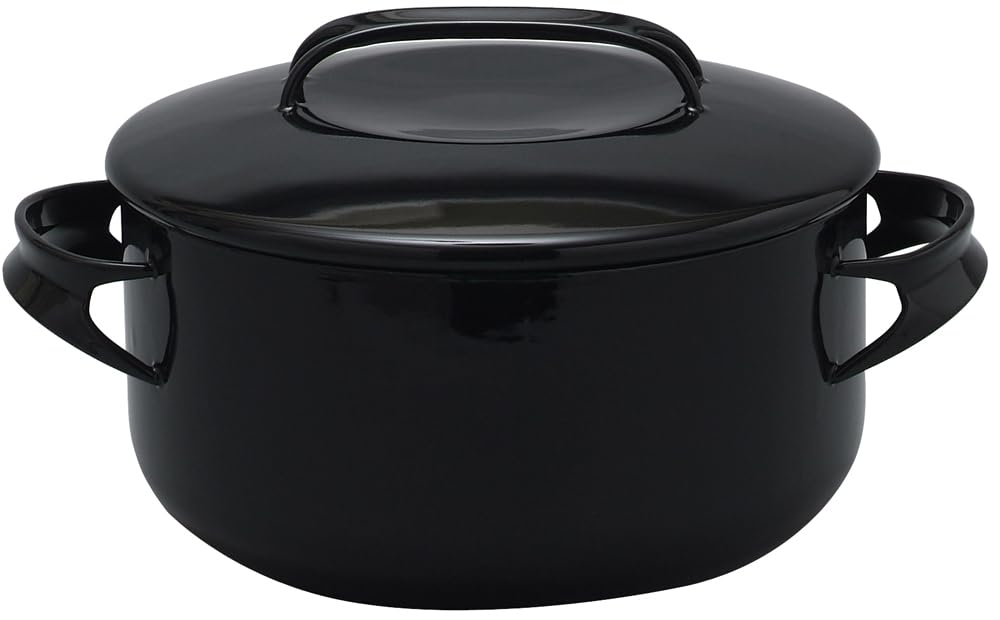 Nodahoro 20cm Enamel Casserole, Gas/IH Compatible, Double-Handled Pot with Excellent Heat Retention, Made In Japan, NOMAKU Black, NOM-20TBK