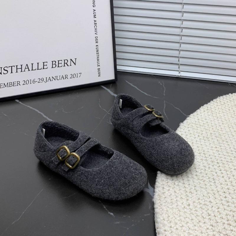 Retro zweireihige flache Mary Jane Schuhe aus Wolle für Damen 2 neue Herbst- und Winter-Mode vielseitige Plüschschuhe