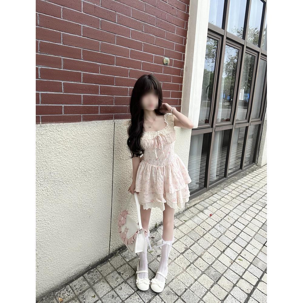 Pure Desire Floral Dress for Women's Summer Leisure, a While Ago, Showing Thinness and Waist Princess Cake Dress, Sweet Lace Short Dress