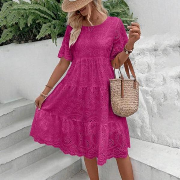 Summer Women Dress Hollow Out O Neck Short Horn Sleeves A-line Pleated Patchwork Solid Color Big Swing Embroidery Vacation Beach Midi Dress