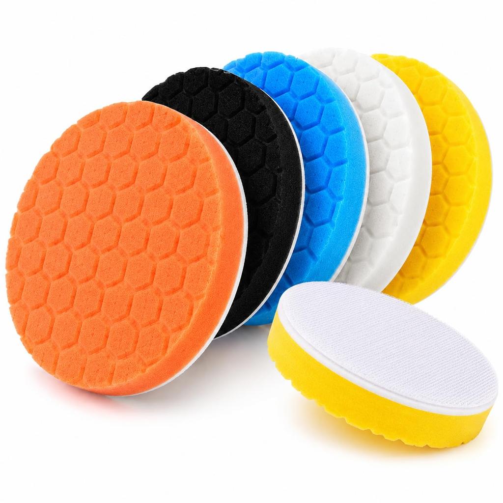 7 Inch Polishing Pads, 5PCS Foam Buffing Pads for 6-7" Backing Plate | Fits DA, orbital & rotary polishers with hook and loop. Heavy cut to wax