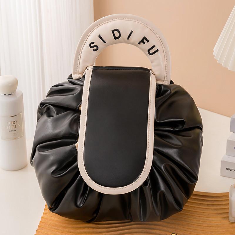 Large Capacity Waterproof Travel Makeup Bag Drawstring Foldable Storage Pouch Pu Cosmetic Organizer StyleA