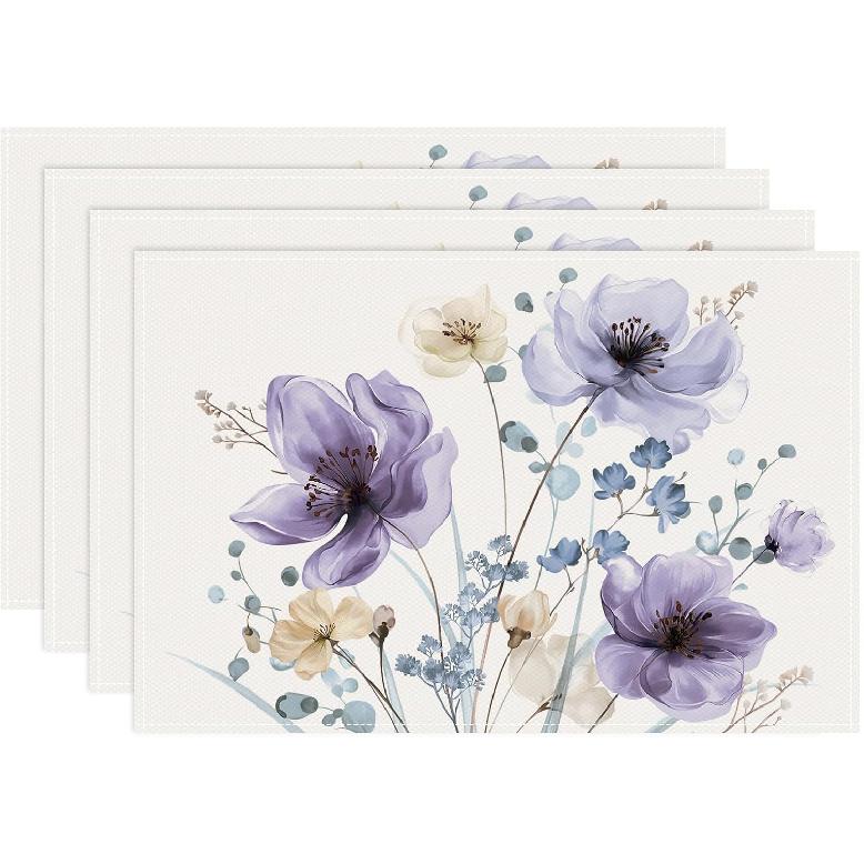 Bonhause Watercolor Floral Placemats Set of 4, 12x18 Inch Blue Brown Flower Leaves Kitchen Dining Table Mats Washable Place Mats for Indoor Outdoor