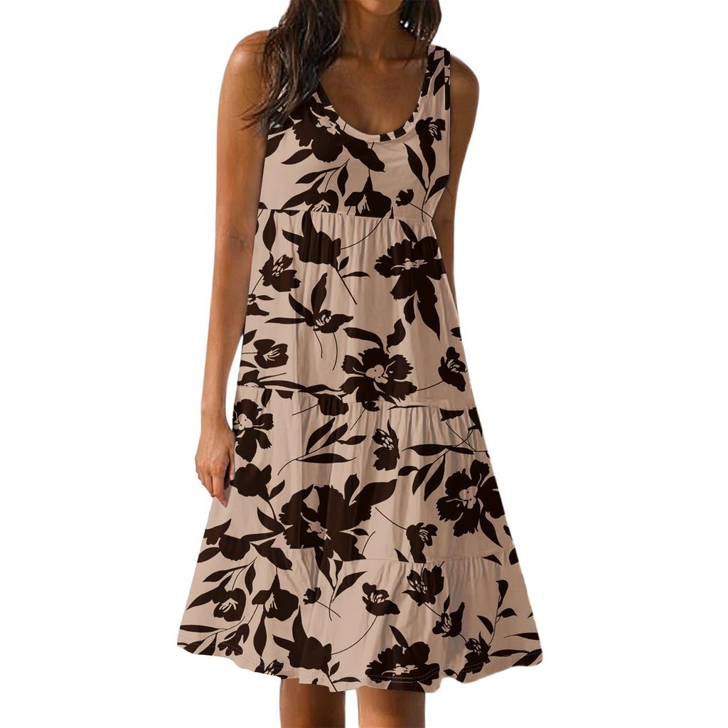 Damen Lässige Ärmellose Sommerkleider Frühling Patchwork Boho Floral Cocktailparty Kleid