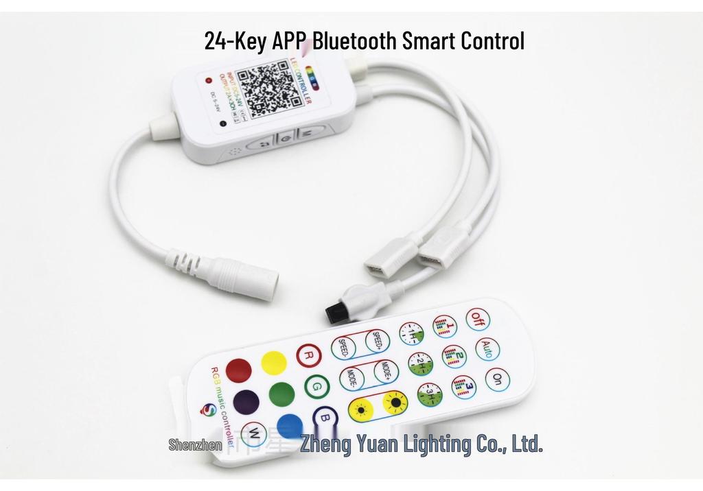 Smart Bluetooth RGB LED Strip Controller, Voice & App Controlled, Seven-Color Music Sync, 24 Key Remote, 5-24V.