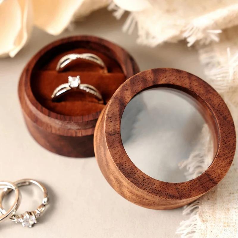 Personalisierte Holz-Eheringbox mit klarem rundem Verlobungsantrag-Halter, doppelte Ringträgerbox für die Zeremonie