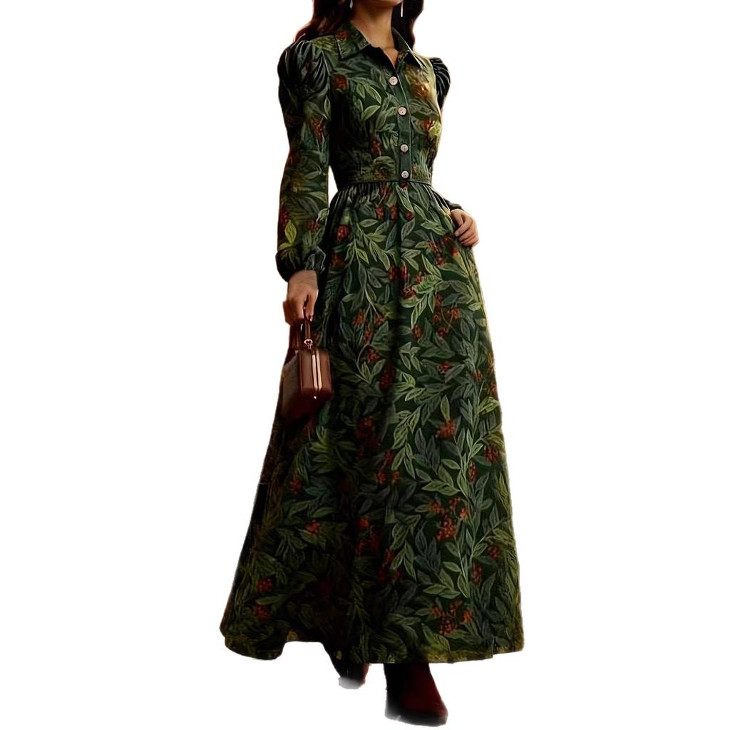 Retro style plant berry print long-sleeved long dress dark green waist design autumn outdoor wear elegant atmosphere