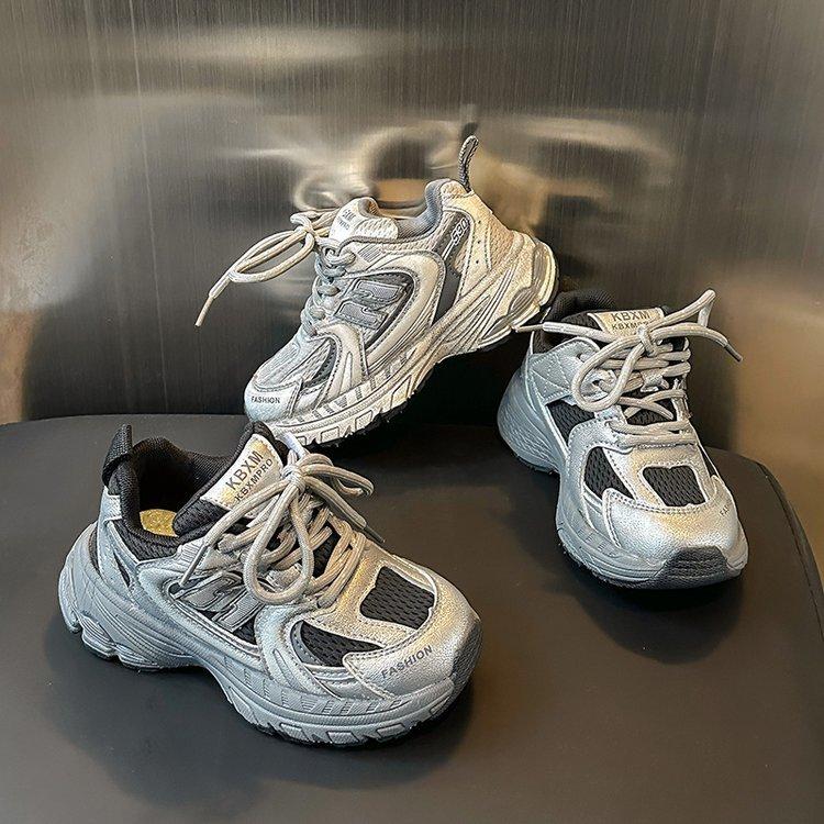 Leather boys' shoes spring 2025 new girls' dad shoes medium and older children's sports shoes children's Korean version of running shoes