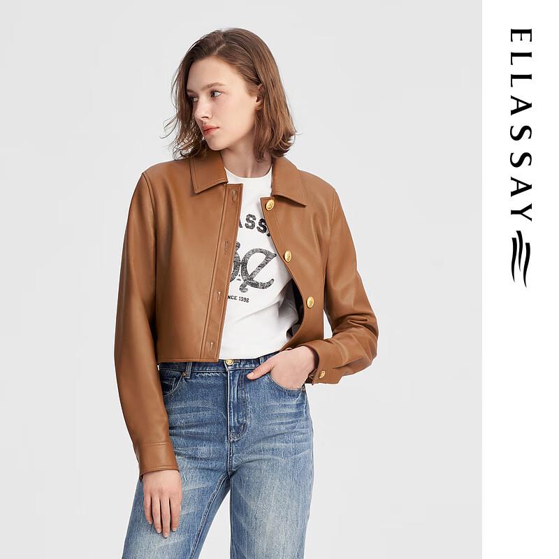 

ELLASSAY Women s Retro Brown Short Lapel Leather Jacket L