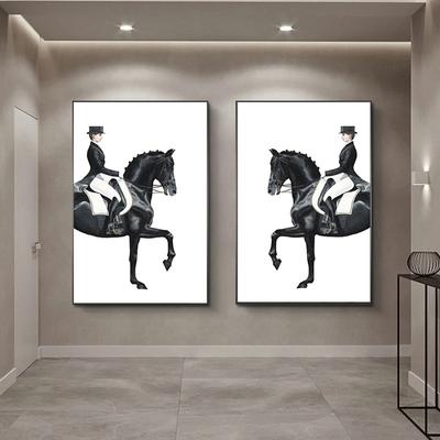 Klassisch modernes schwarzes Pferd orange Sprung Leinwandgemälde Wandkunst reitende Frau Wandpaneele für das Wohnzimmer Heimdekor