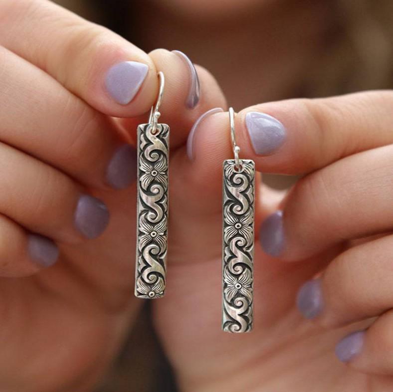 Geometric Carved Retro Silver Dangle Earrings for Women