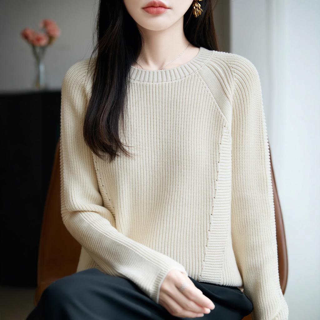 Rundhals-Pullover, Damen-Pullover Strickpullover, Herbst- und Winter schulterfrei Basisschicht, Langarm-Oberteil