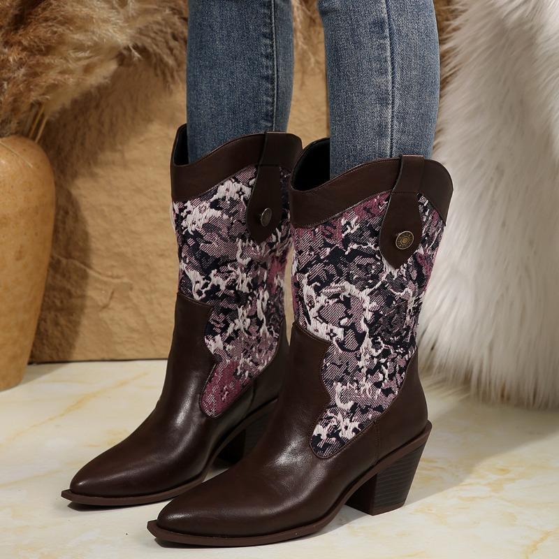 Pointed toe thick heel medium heel embroidered pattern low boots western cowboy knight boots women's large size leather boots