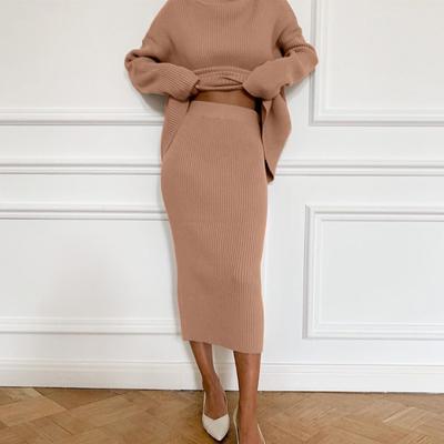 Autumn and Winter Women's Sweater Set Fashion High Neck Loose Fit Women's Set Skirt