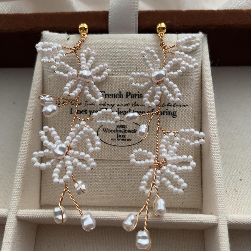 Pearl Rice Beads Flower Beaded Fringed Earrings Earrings Versatile Fresh And Elegant Natural Temperament Earrings