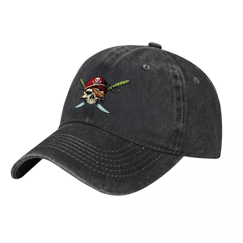 Pirate Skull and Swords Embroidered Washed Canvas Baseball Cap Vintage Style Adjustable Fit for Unisex and Women