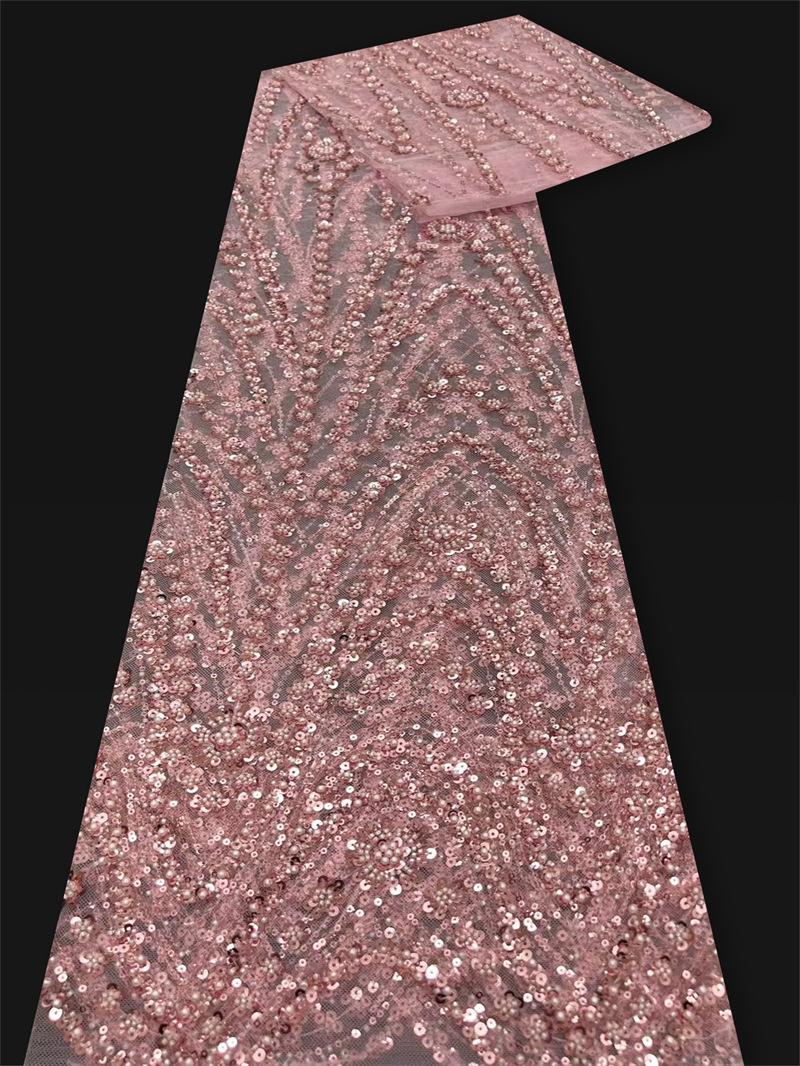 

Luxury European Horticultural Embroidery Sequin Beaded Lace Fabric Tulles Nigerian Lace Fabric for Sewing Woman Evening Dress 1Yard розовый