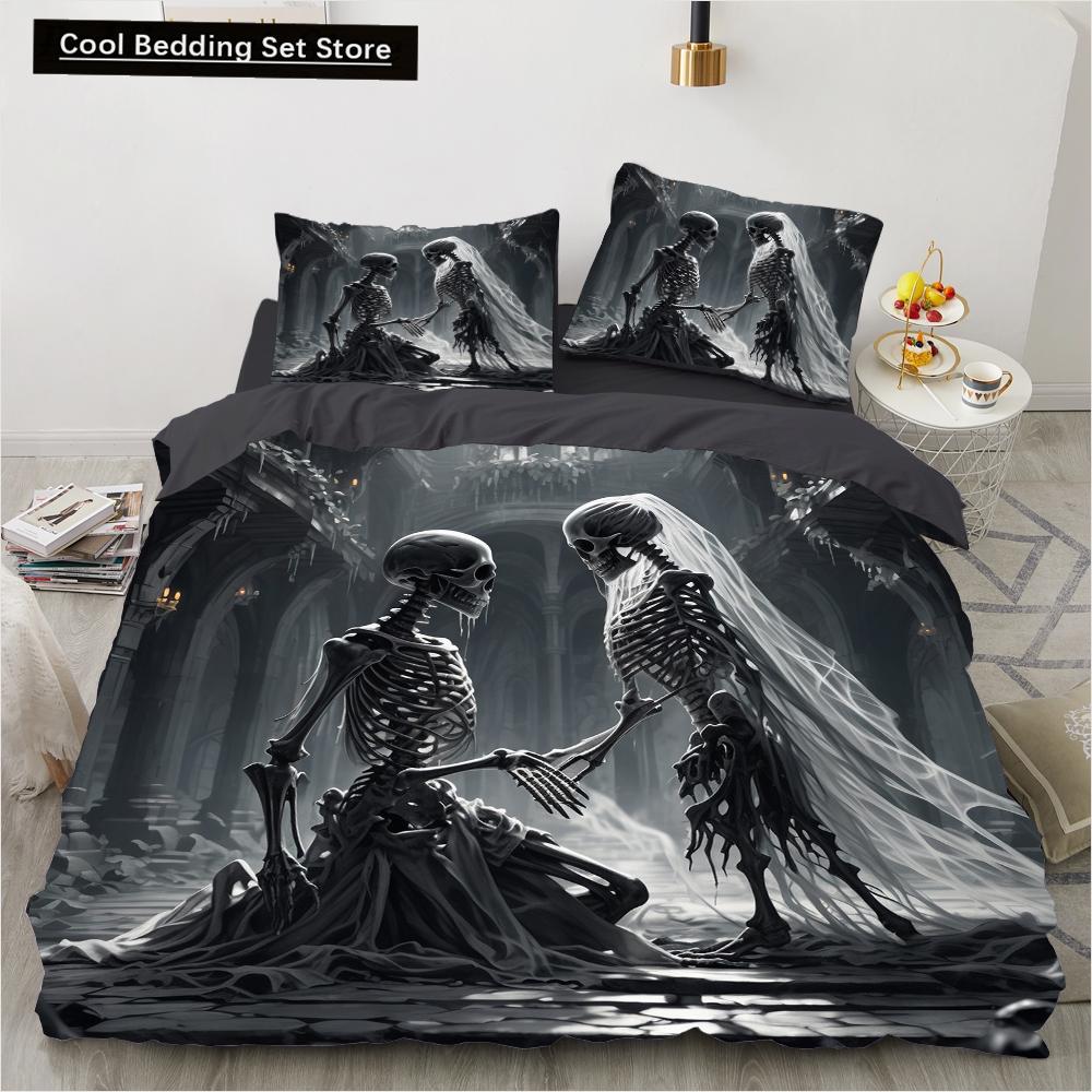 Skull Wedding Cartoon Comforter Sets Bedding Set Double Queen King Twin Full Size Duvet Cover Set Kids Girls White Bed Linen