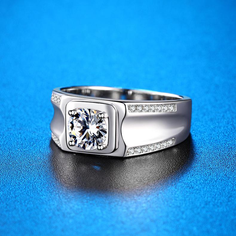 Men's Double Row Moissanite Ring: Sterling Silver, White Gold-Plated, 1 Carat Simulated Diamond with Certificate